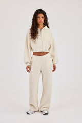 Waffle Knit Cropped Zip Through Hoodie & Wide Leg Jogger - Oatmeal