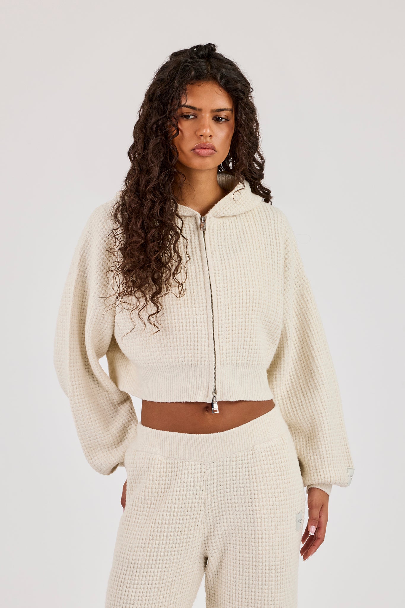 Waffle Knit Cropped Zip Through Hoodie - Oatmeal