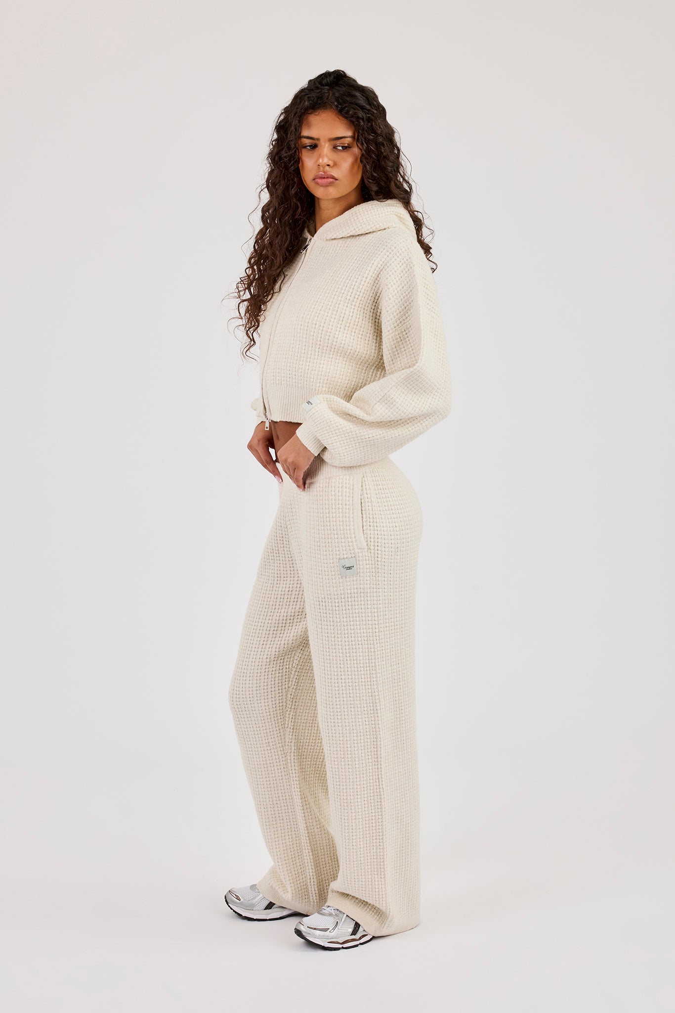 Waffle Knit Cropped Zip Through Hoodie & Wide Leg Jogger - Oatmeal