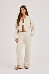 Waffle Knit Cropped Zip Through Hoodie - Oatmeal