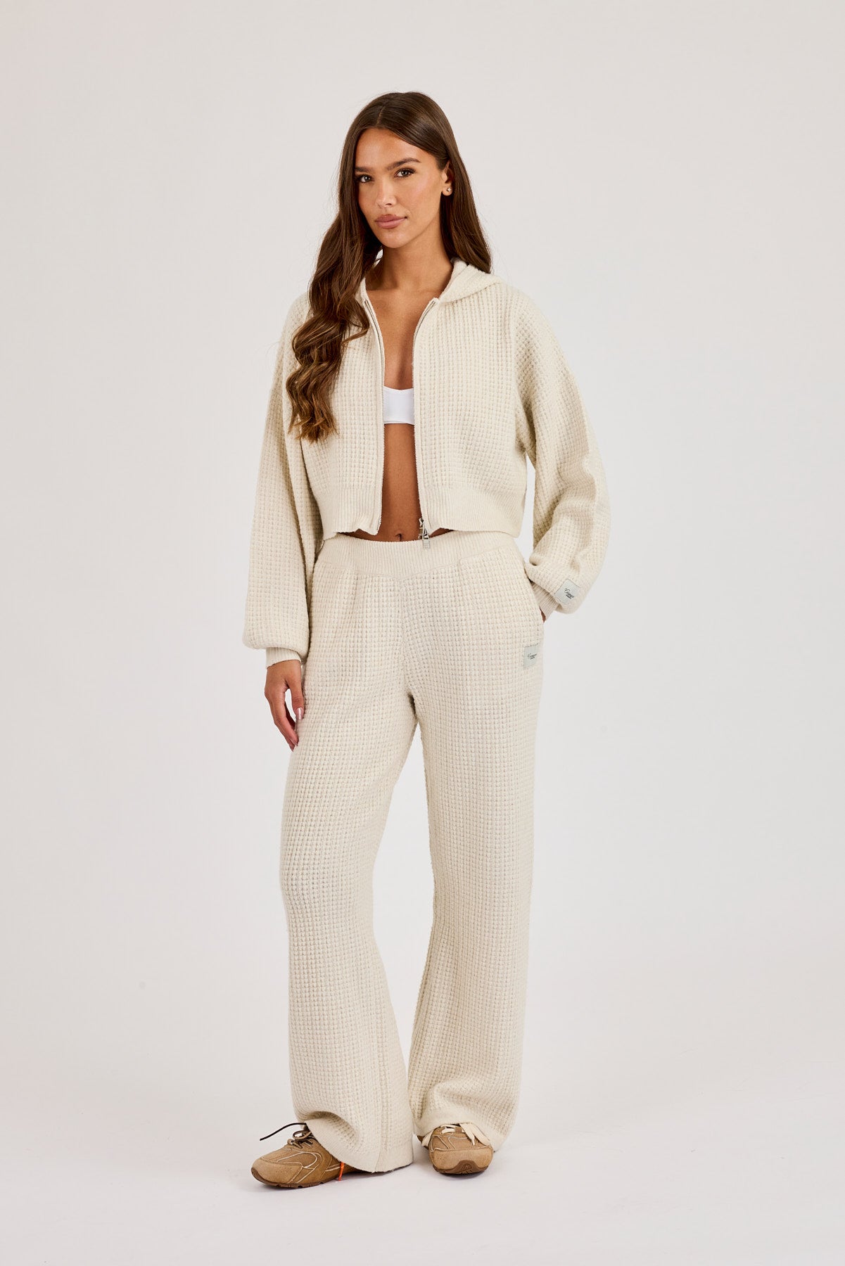 Waffle Knit Cropped Zip Through Hoodie & Wide Leg Jogger - Oatmeal