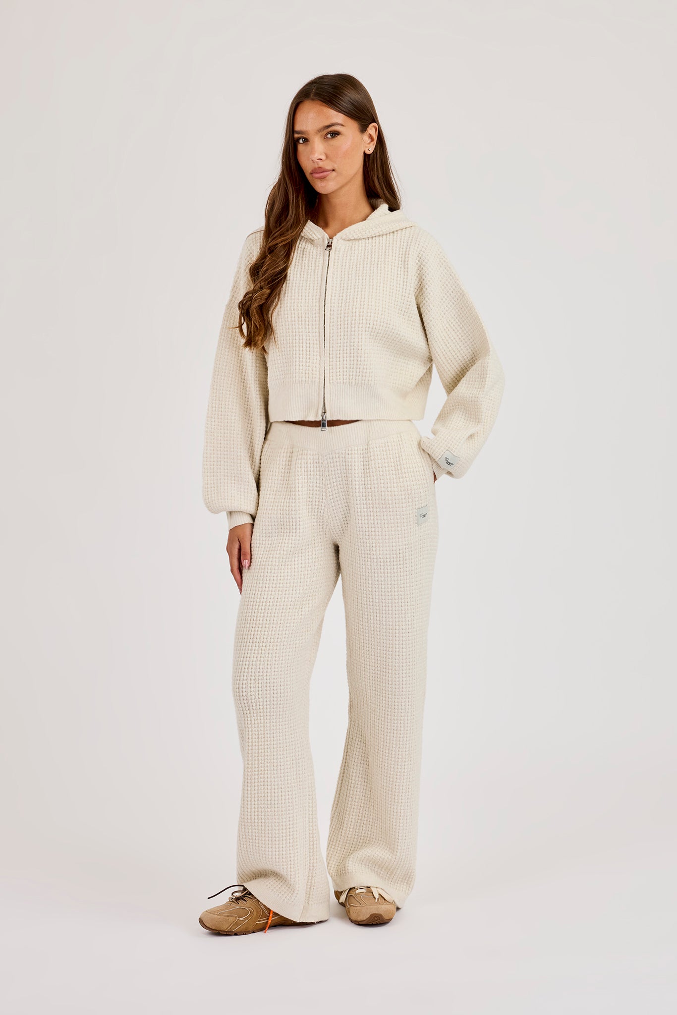 Waffle Knit Cropped Zip Through Hoodie & Wide Leg Jogger - Oatmeal