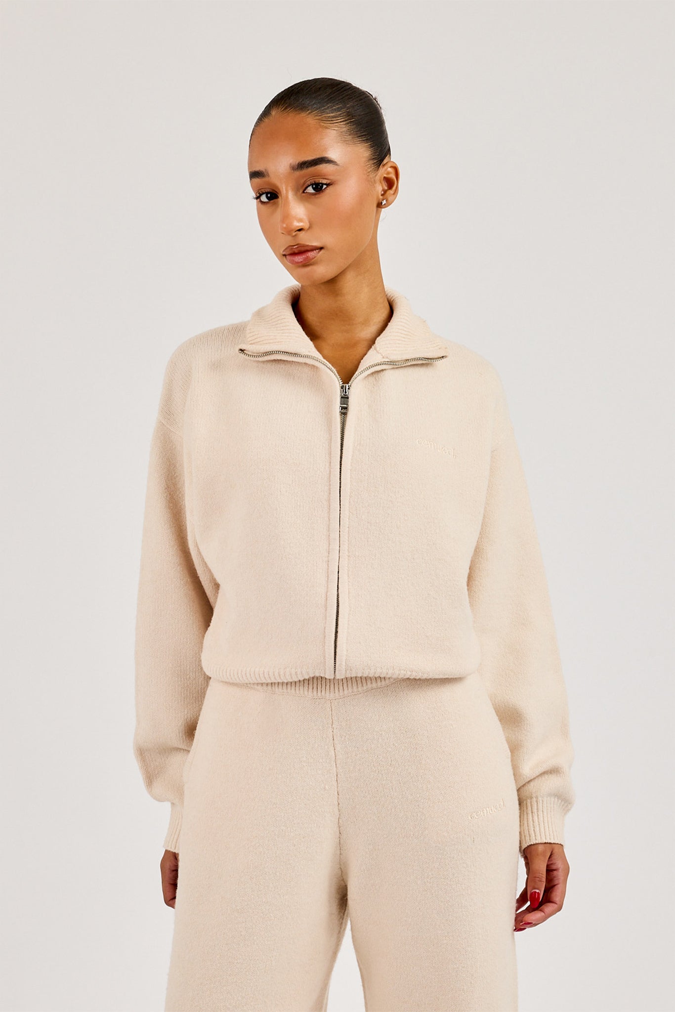 Knitted Funnel Neck Zip Through - Oatmeal