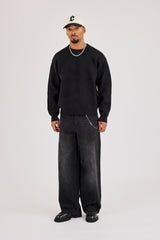 Knitted Back Intarsia Sweatshirt - Black