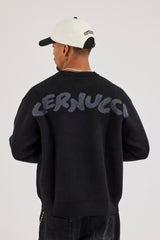 Knitted Back Intarsia Sweatshirt - Black