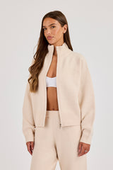 Knitted Embroidered Logo Funnel Neck Zip Through - Oatmeal