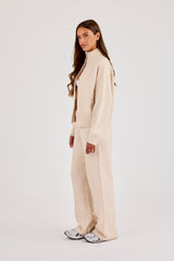 Knitted Embroidered Logo Funnel Neck Zip Through & Wide Leg Jogger - Oatmeal