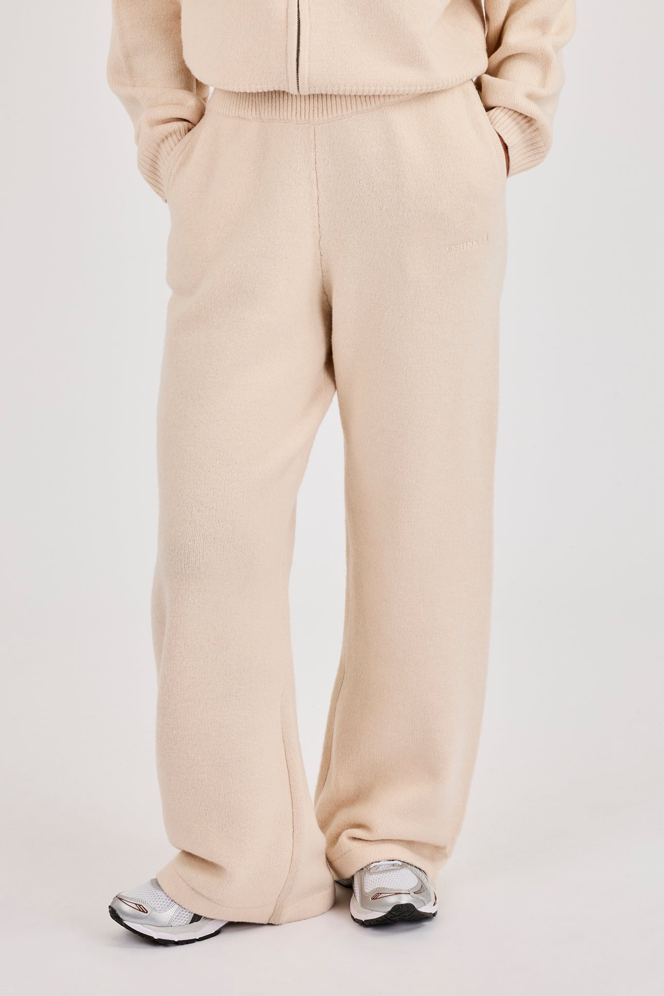 Knitted Embroidered Logo Wide Leg Jogger - Oatmeal