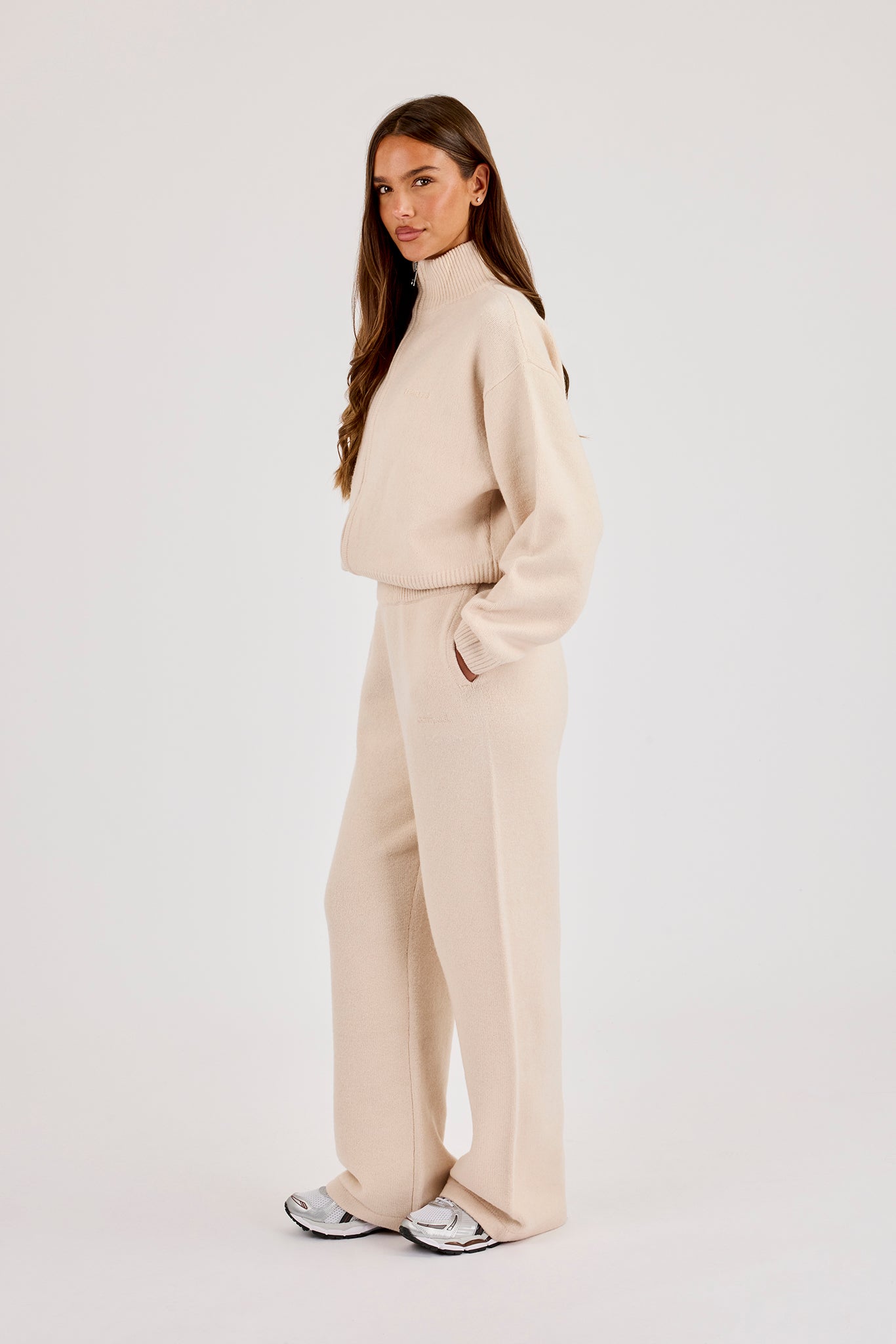 Knitted Embroidered Logo Wide Leg Jogger - Oatmeal