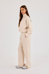 Knitted Embroidered Logo Wide Leg Jogger - Oatmeal