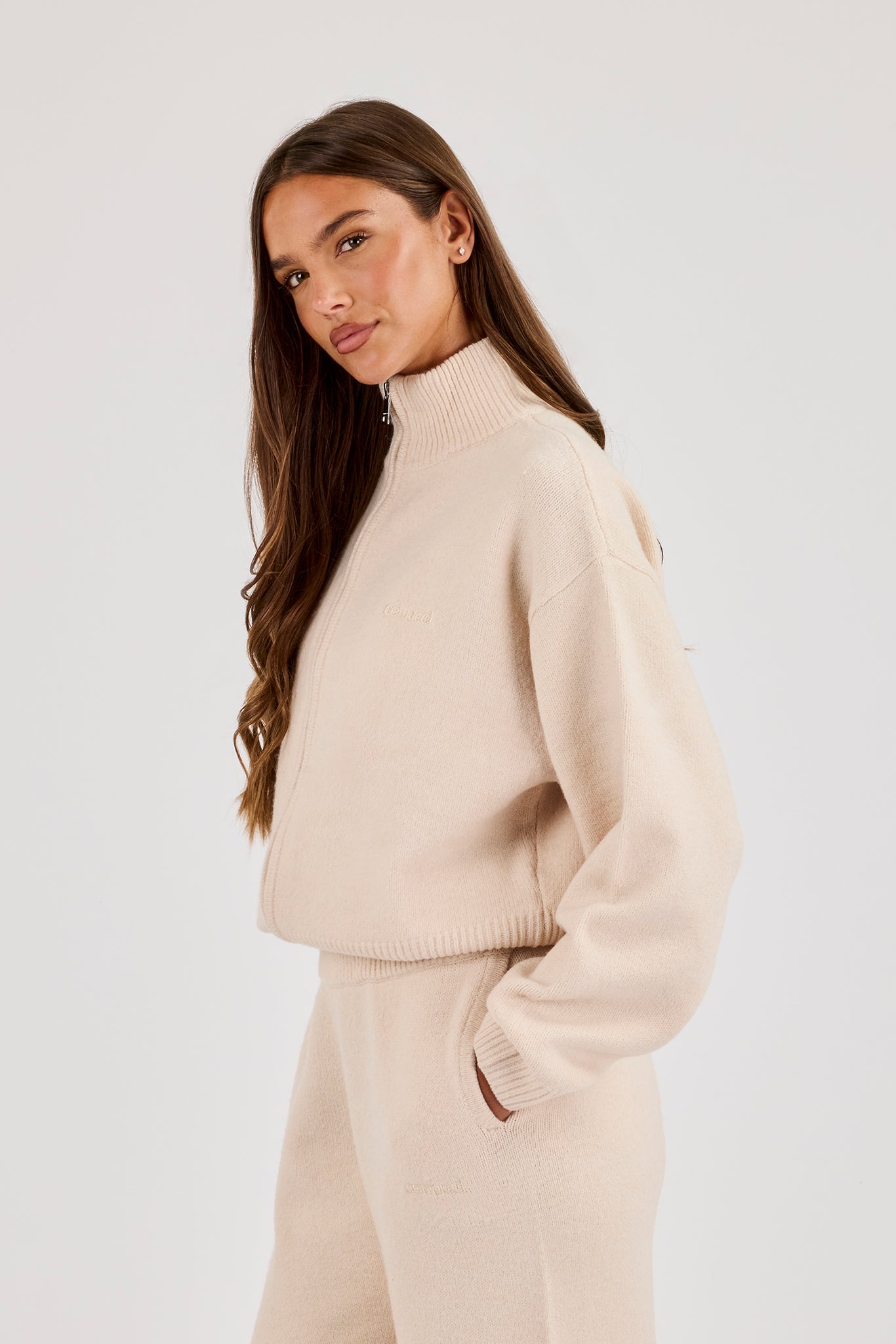 Knitted Embroidered Logo Funnel Neck Zip Through - Oatmeal