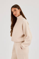 Knitted Embroidered Logo Funnel Neck Zip Through - Oatmeal