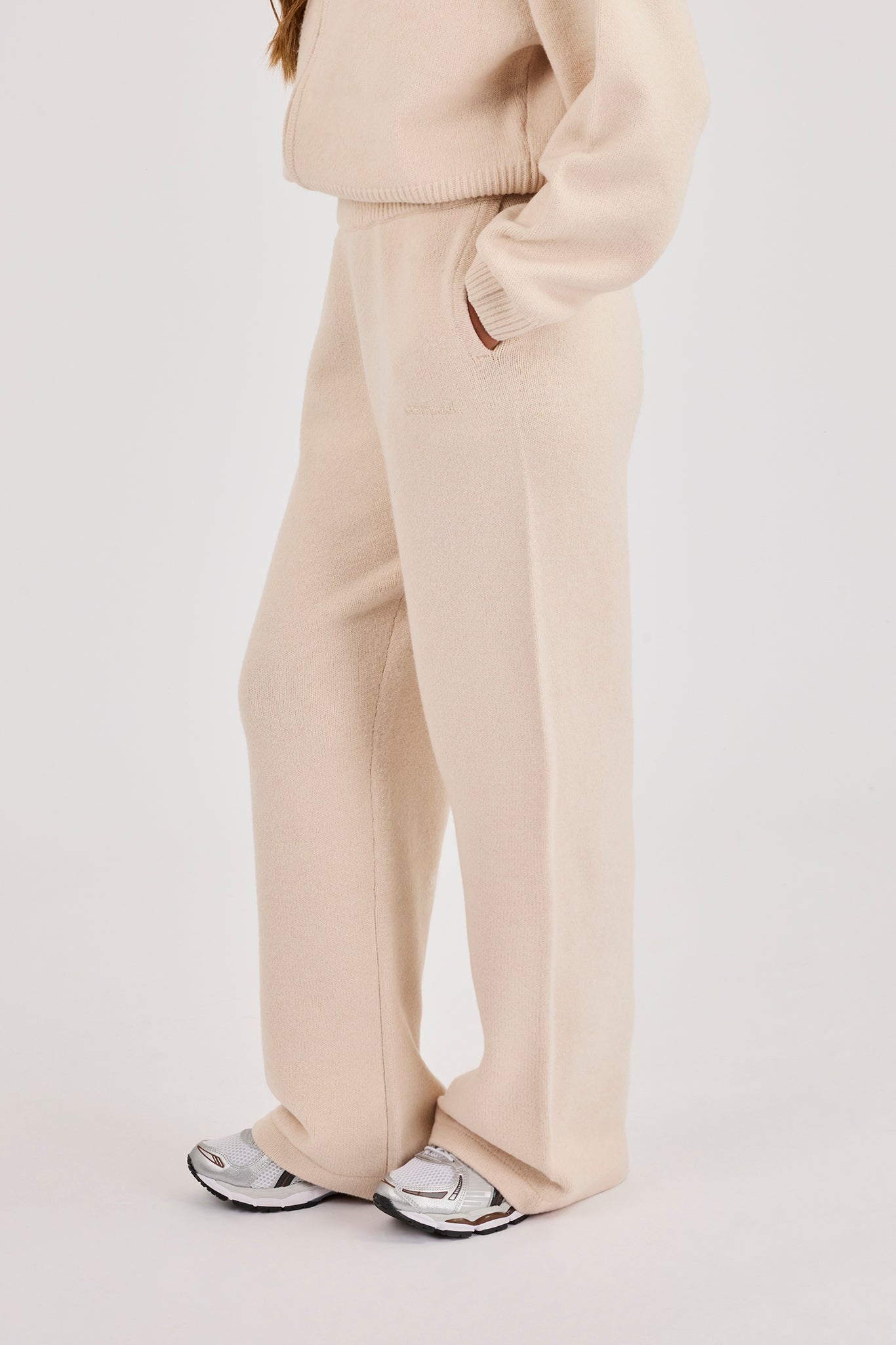 Knitted Embroidered Logo Wide Leg Jogger - Oatmeal