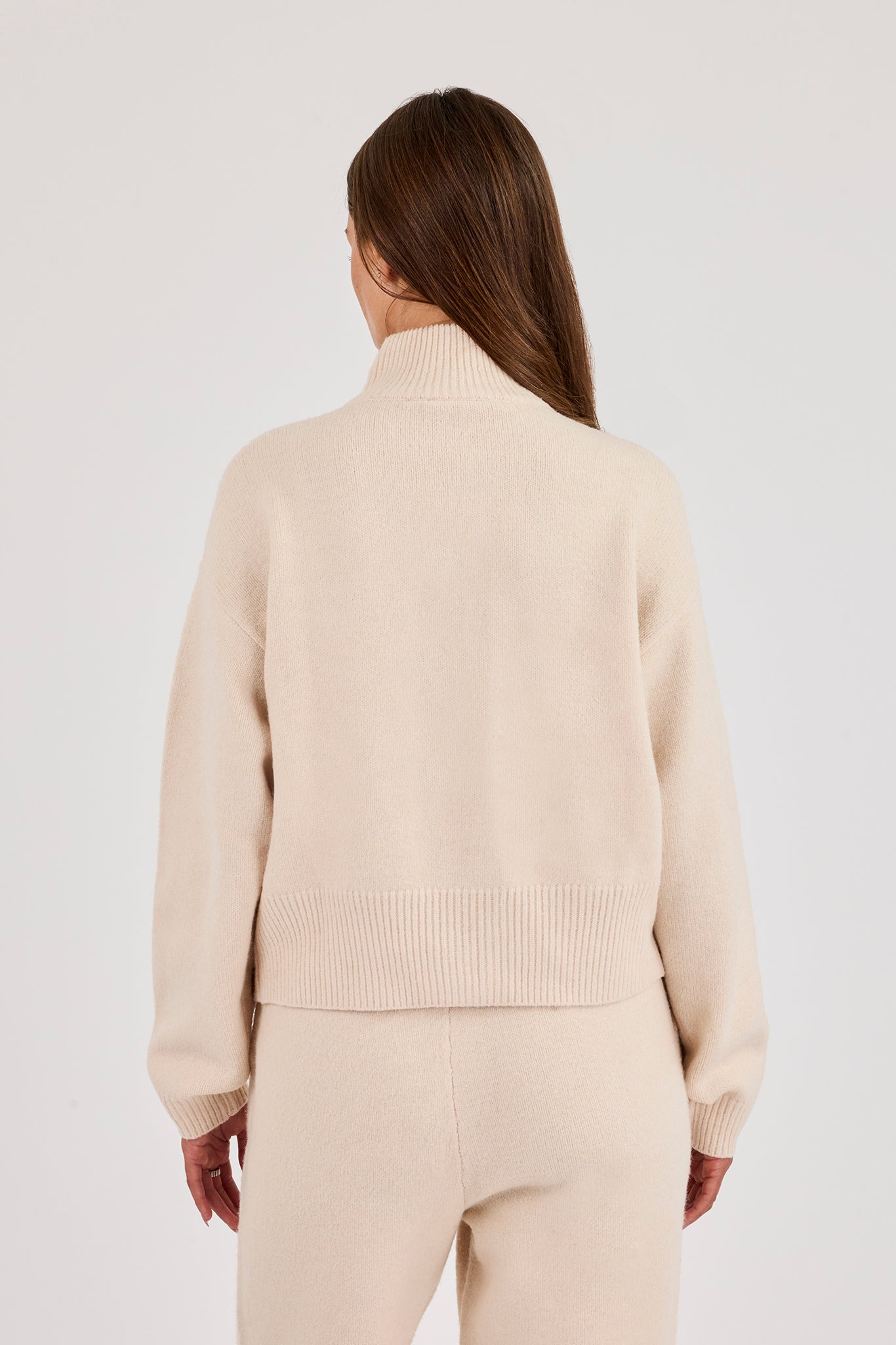 Knitted Embroidered Logo Funnel Neck Zip Through - Oatmeal