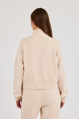 Knitted Embroidered Logo Funnel Neck Zip Through - Oatmeal