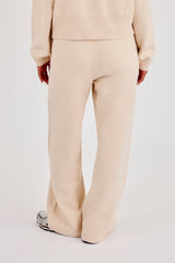 Knitted Embroidered Logo Wide Leg Jogger - Oatmeal