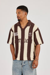 Knitted Striped Football Top - Chocolate