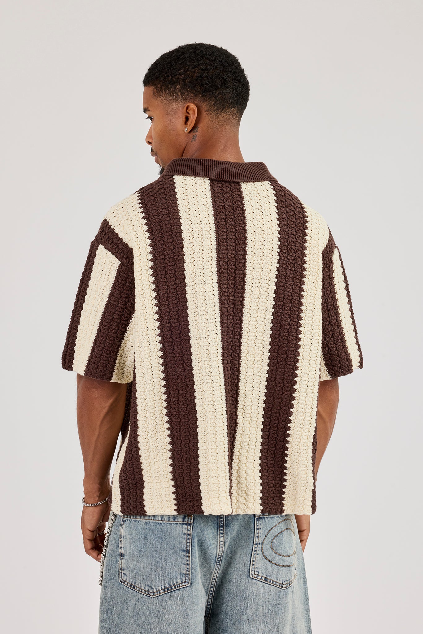 Knitted Striped Football Top - Chocolate