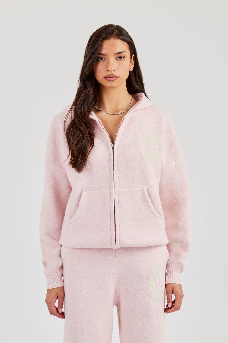 Hooded Zip Through Knitted Jumper - Baby Pink