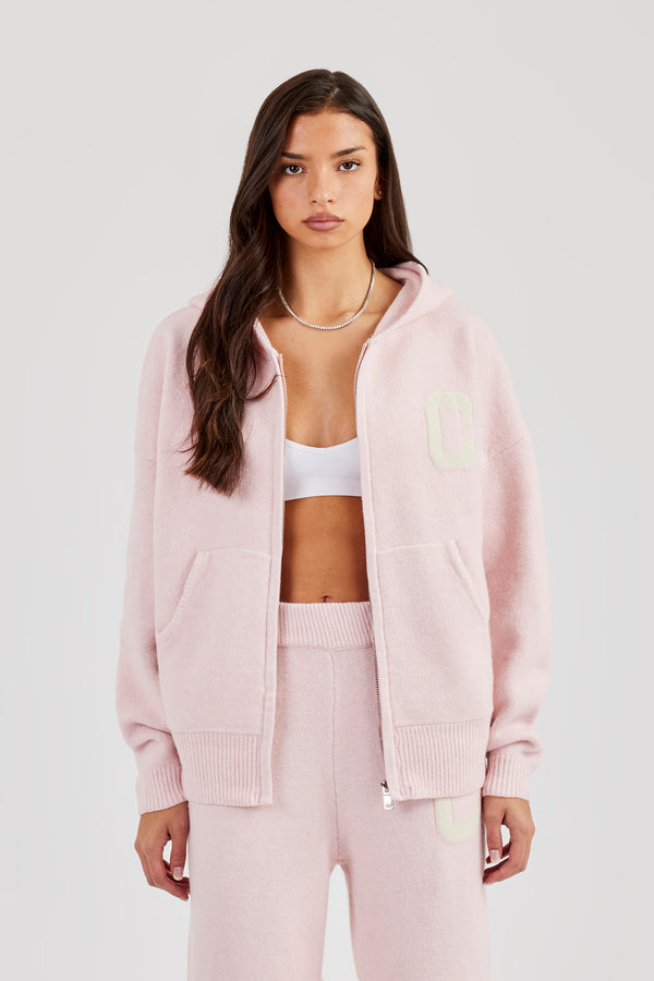 Hooded Zip Through Knitted Hoodie - Pink