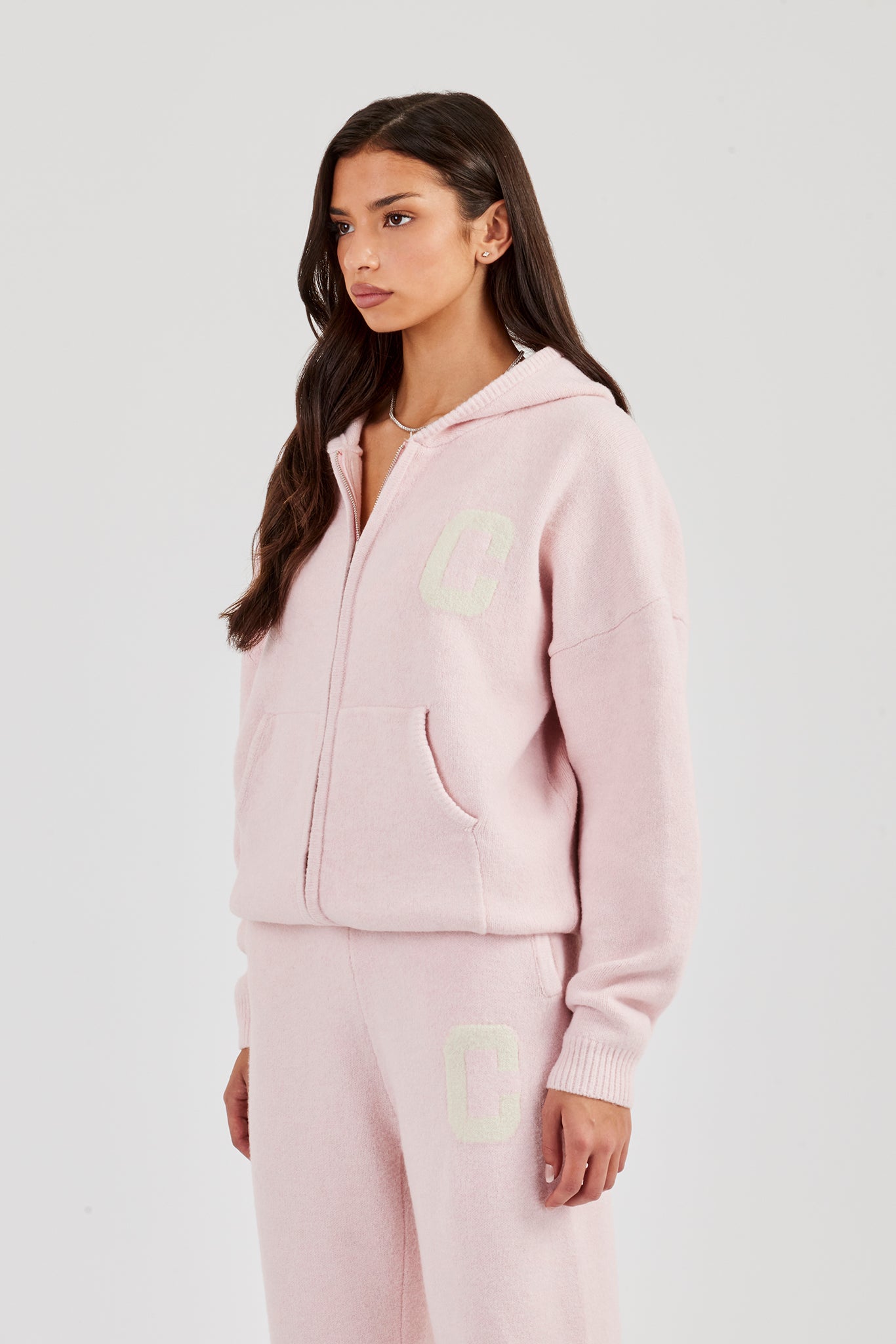 Hooded Zip Through Knitted Jumper - Baby Pink
