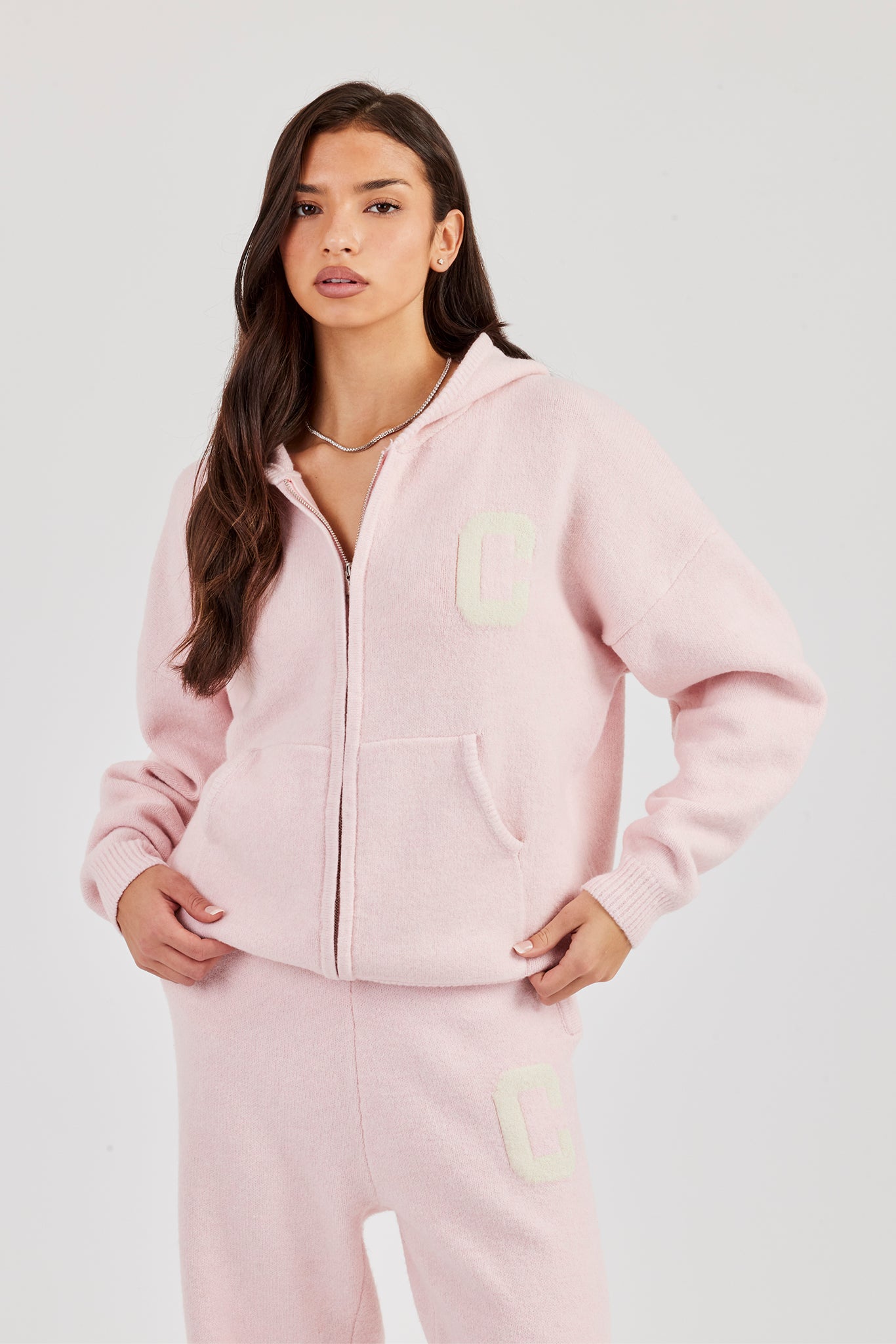 Hooded Zip Through Knitted Jumper - Baby Pink | Womens Knitwear