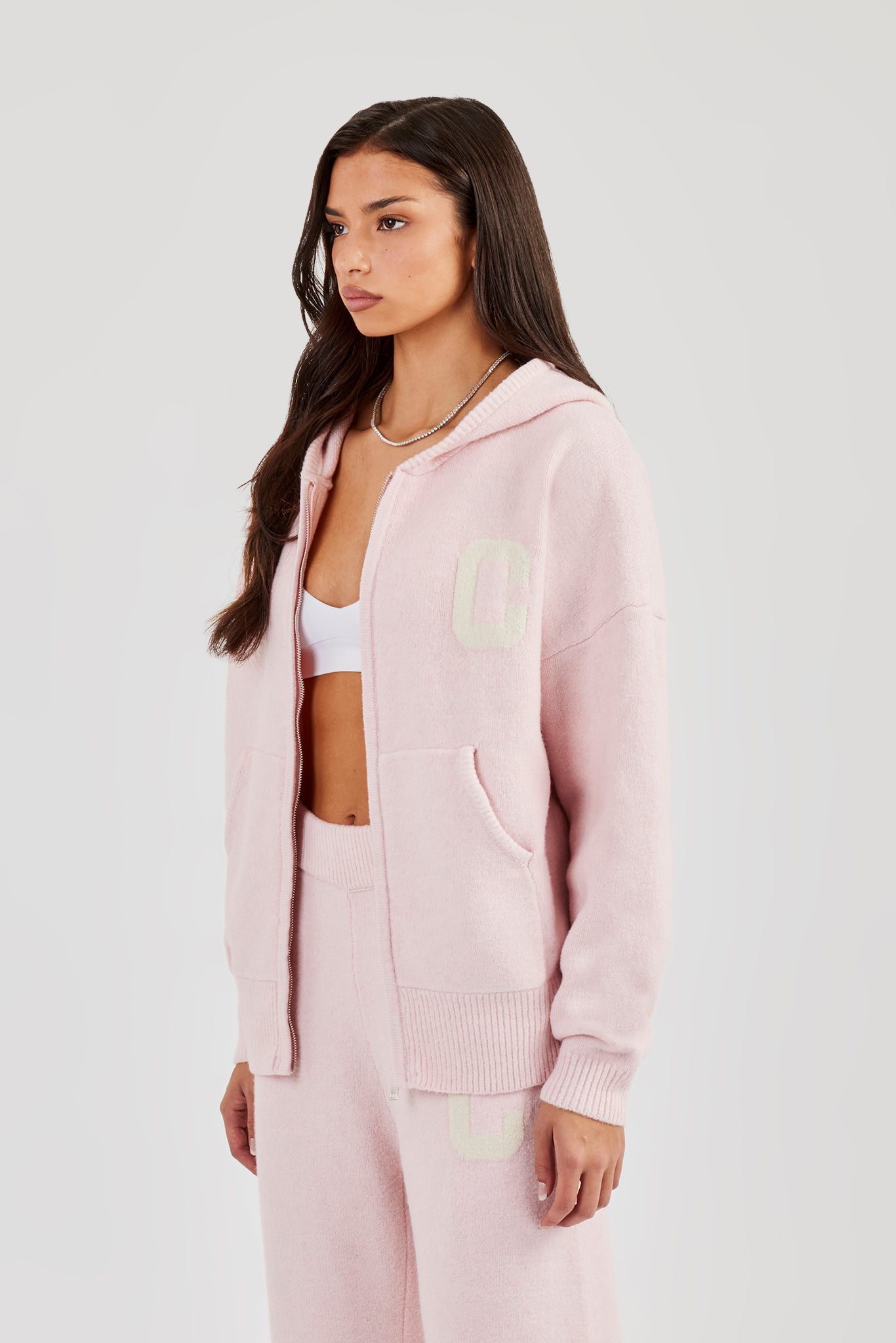 Hooded Zip Through Knitted Jumper - Baby Pink