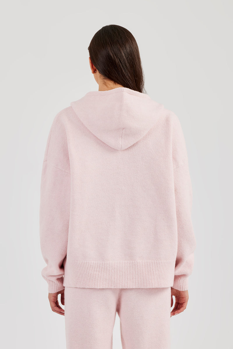 Hooded Zip Through Knitted Jumper - Baby Pink