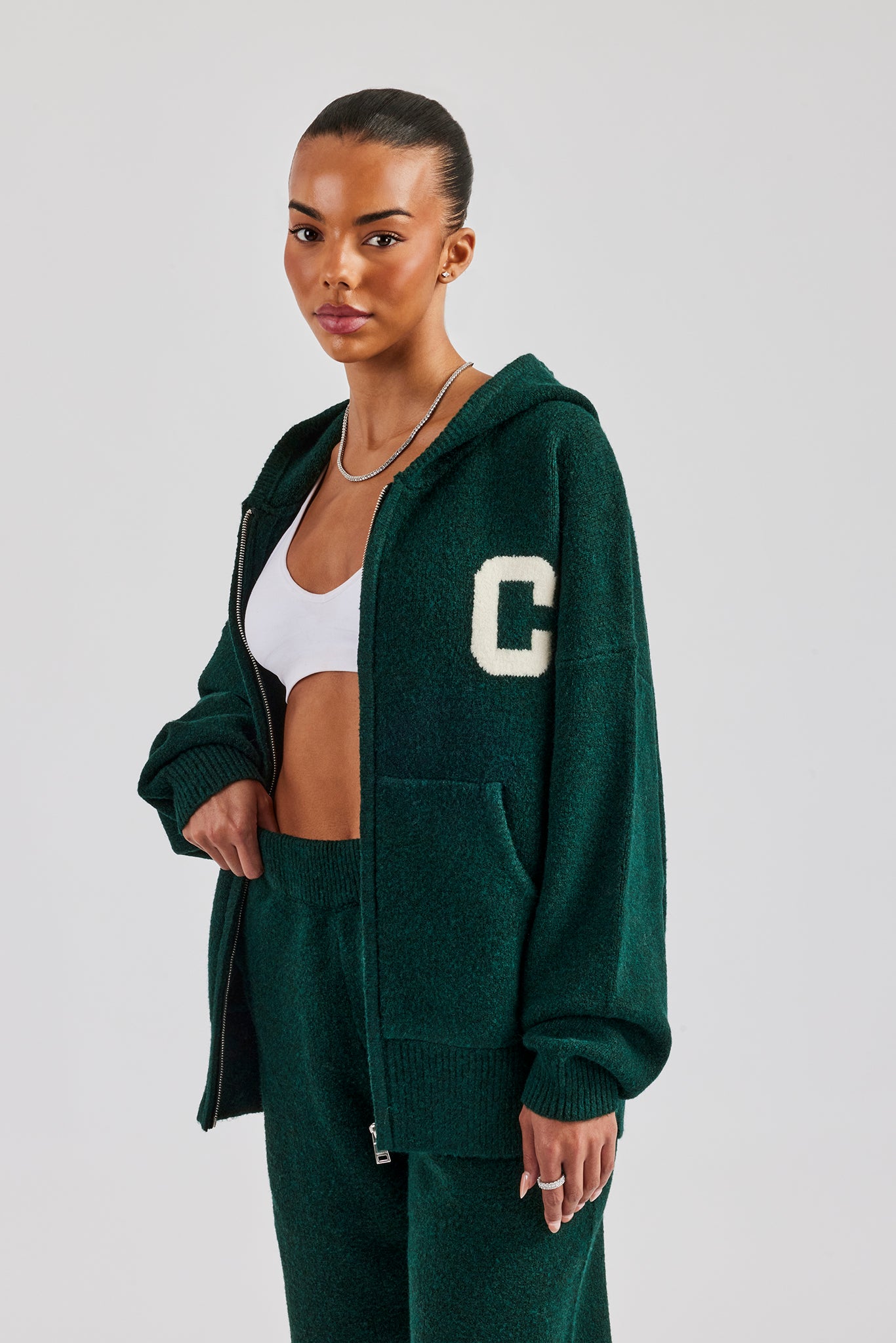 Hooded Zip Through Knitted Jumper - Bottle Green | Womens Knitwear