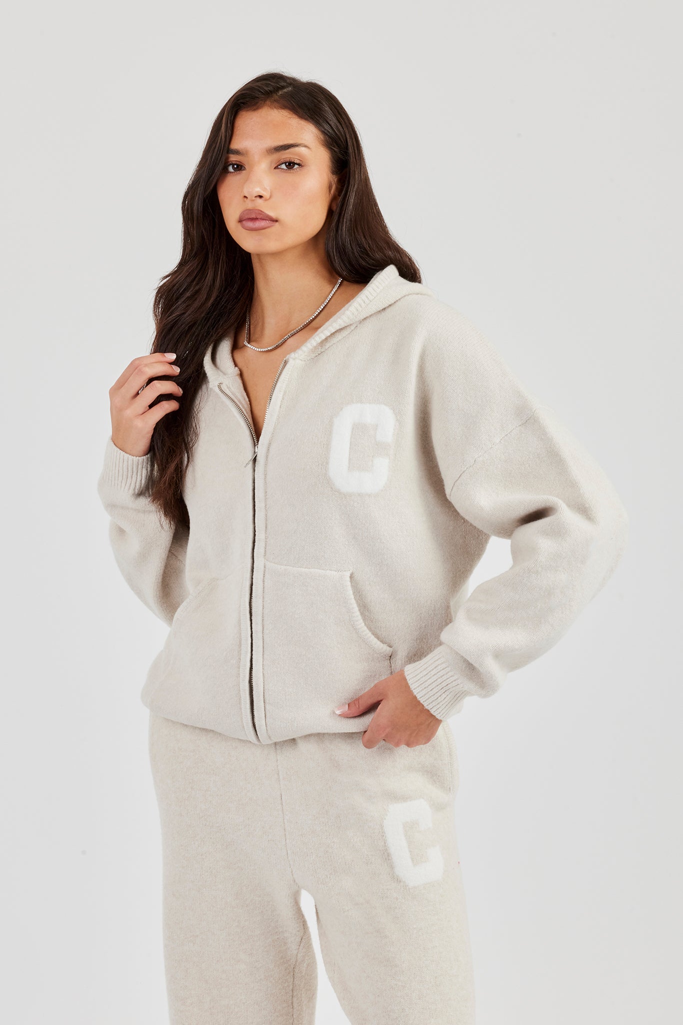 Hooded Zip Through Knitted Jumper - Oatmeal