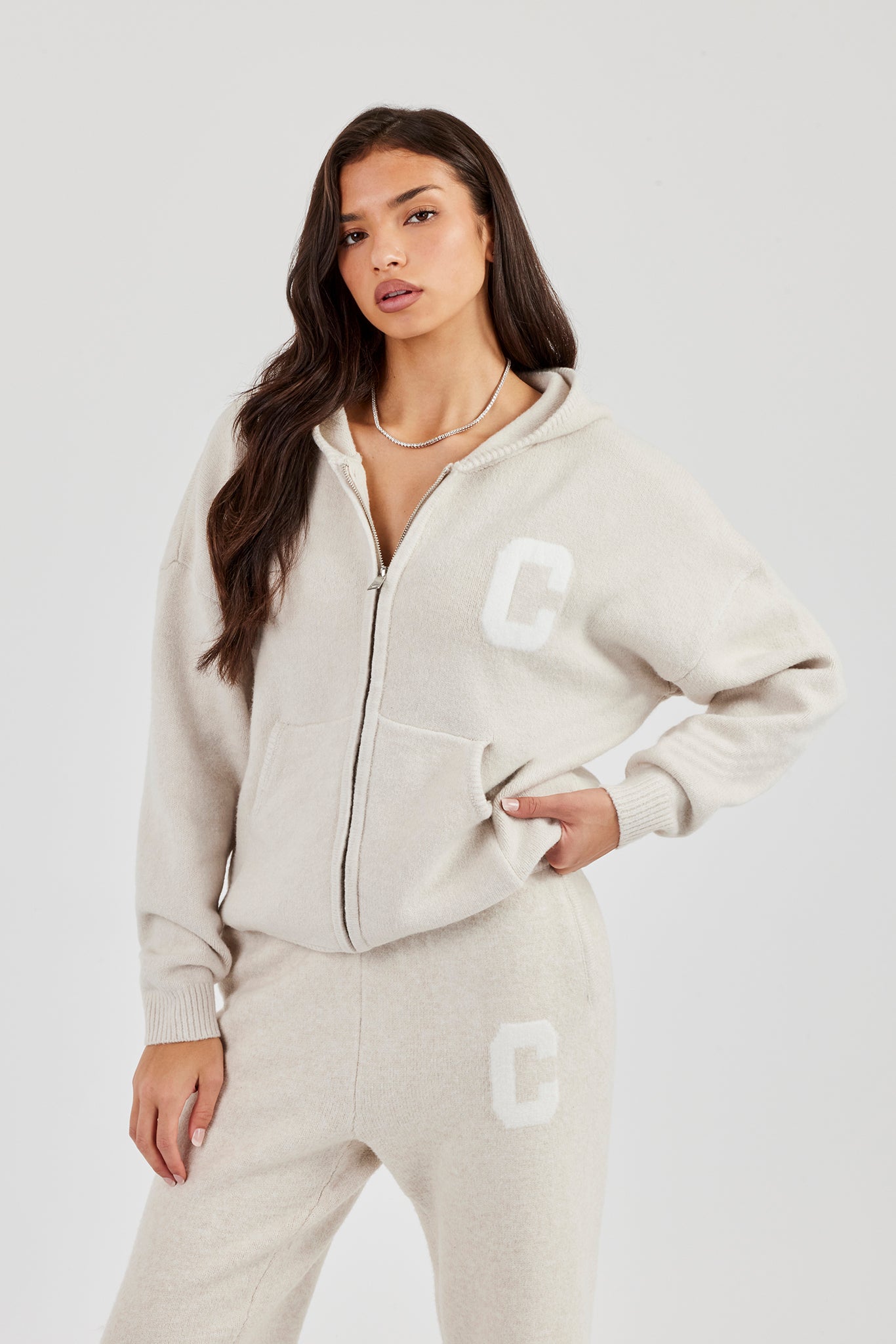 Hooded Zip Through Knitted Jumper - Oatmeal