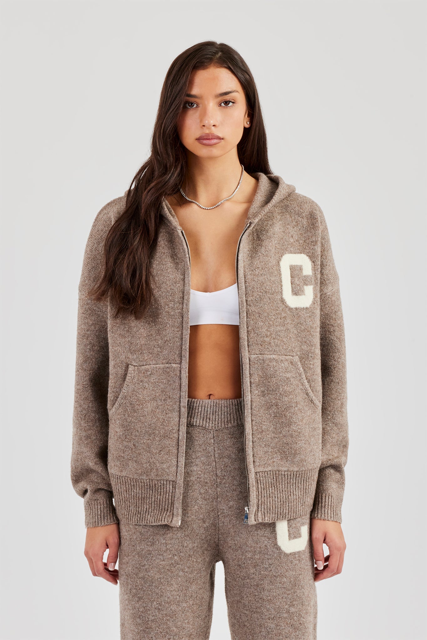 Hooded Zip Through Knitted Jumper - Taupe