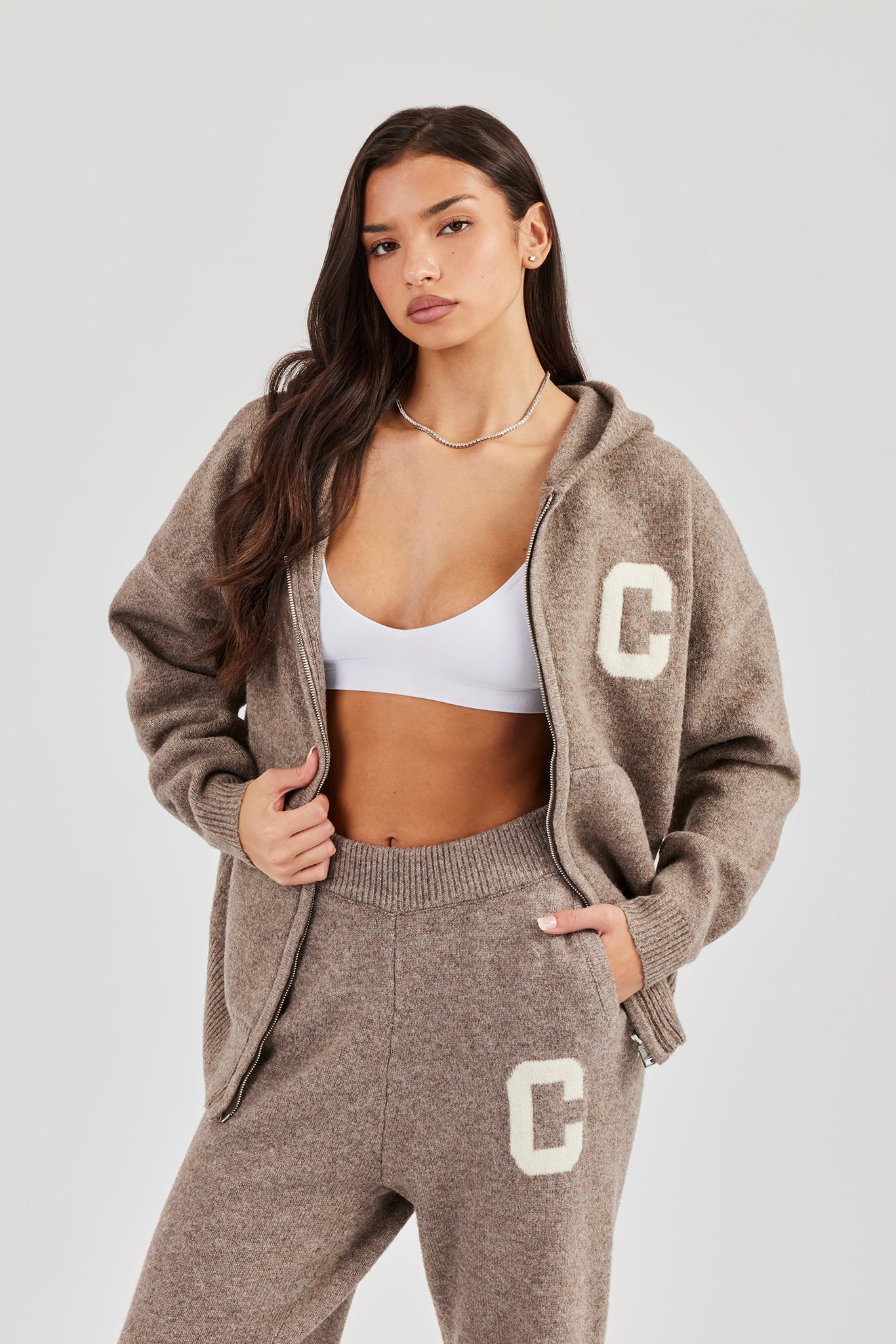 Hooded Zip Through Knitted Jumper - Taupe