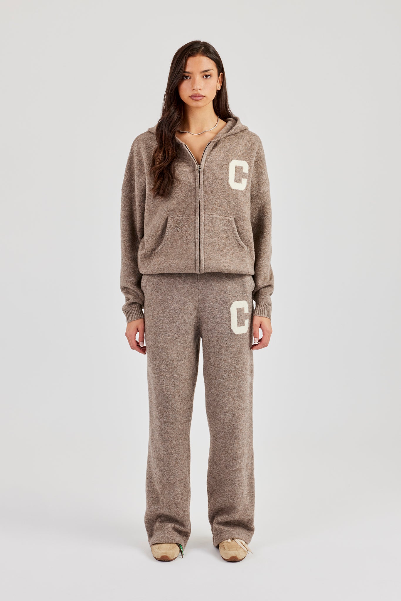 Hooded Zip Through Knitted Tracksuit - Taupe