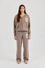 Hooded Zip Through Knitted Tracksuit - Taupe