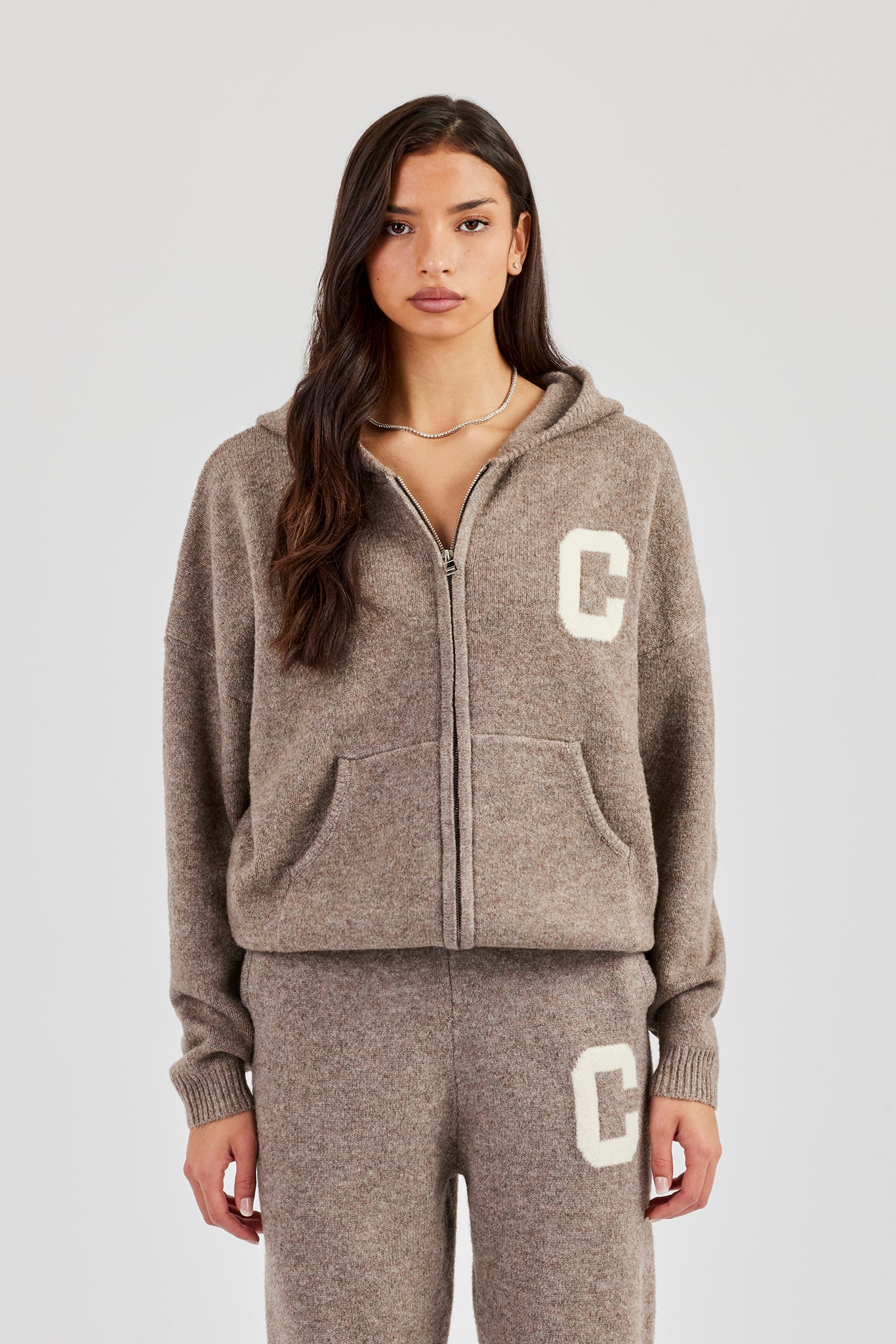 Hooded Zip Through Knitted Jumper - Taupe