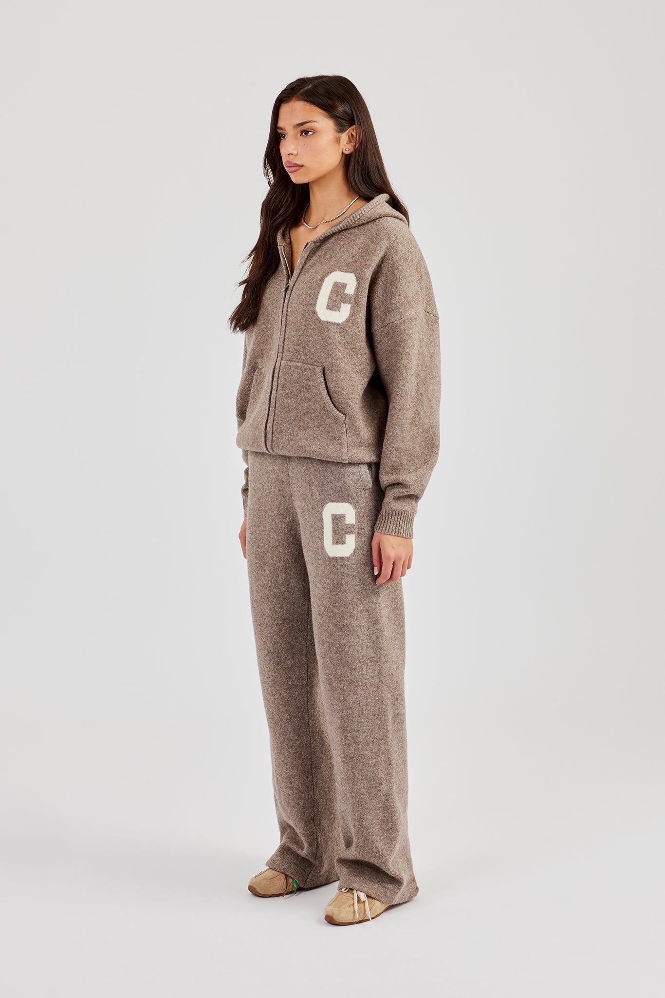 Hooded Zip Through Knitted Tracksuit - Taupe