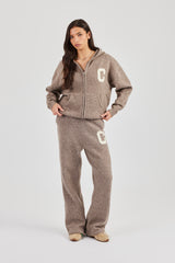 Hooded Zip Through Knitted Tracksuit - Taupe