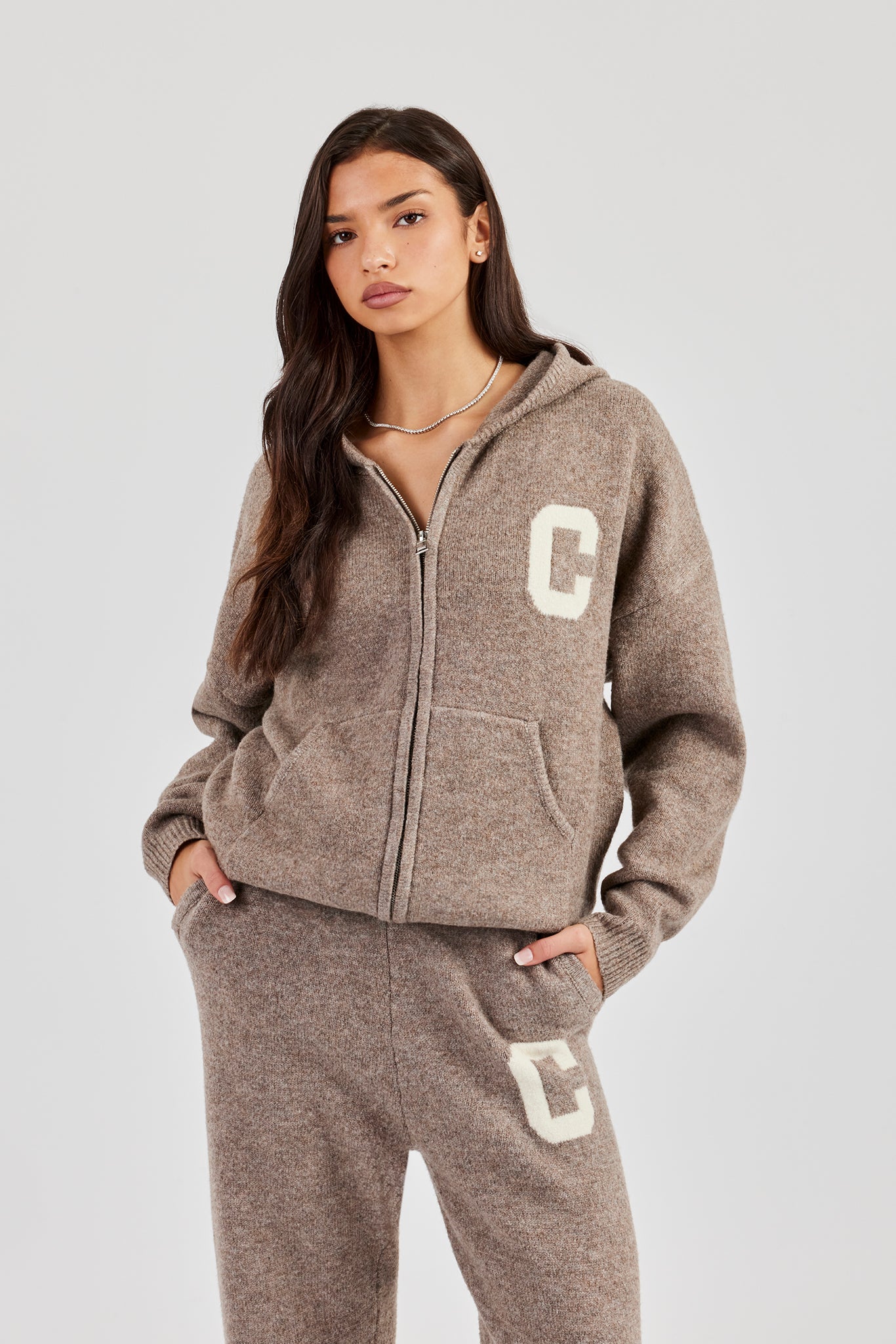 Hooded Zip Through Knitted Jumper - Taupe | Womens Knitwear | Shop