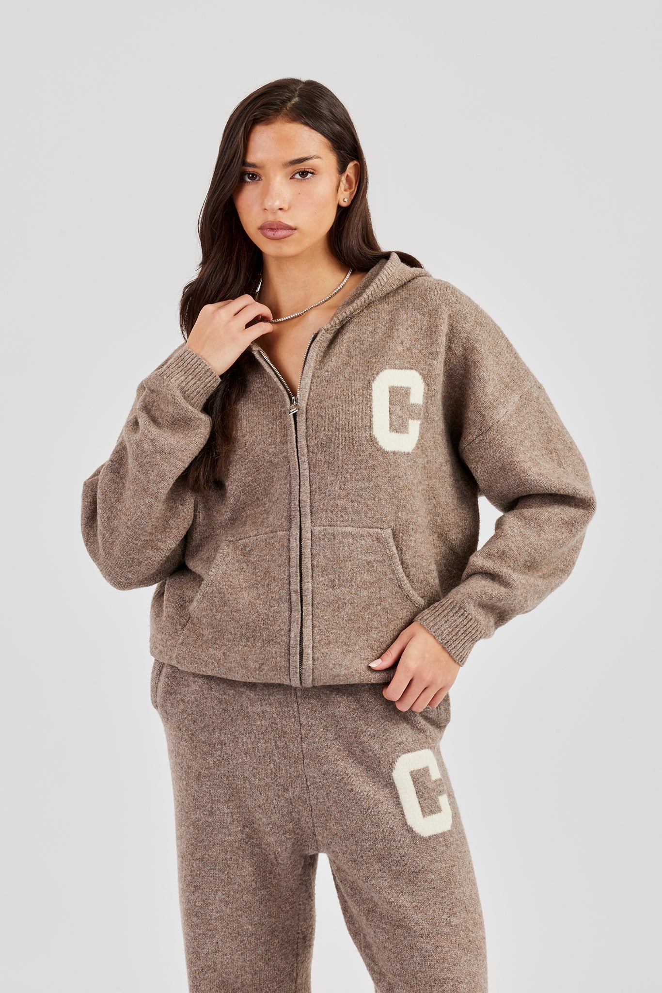 Hooded Zip Through Knitted Jumper - Taupe | Womens Knitwear | Shop