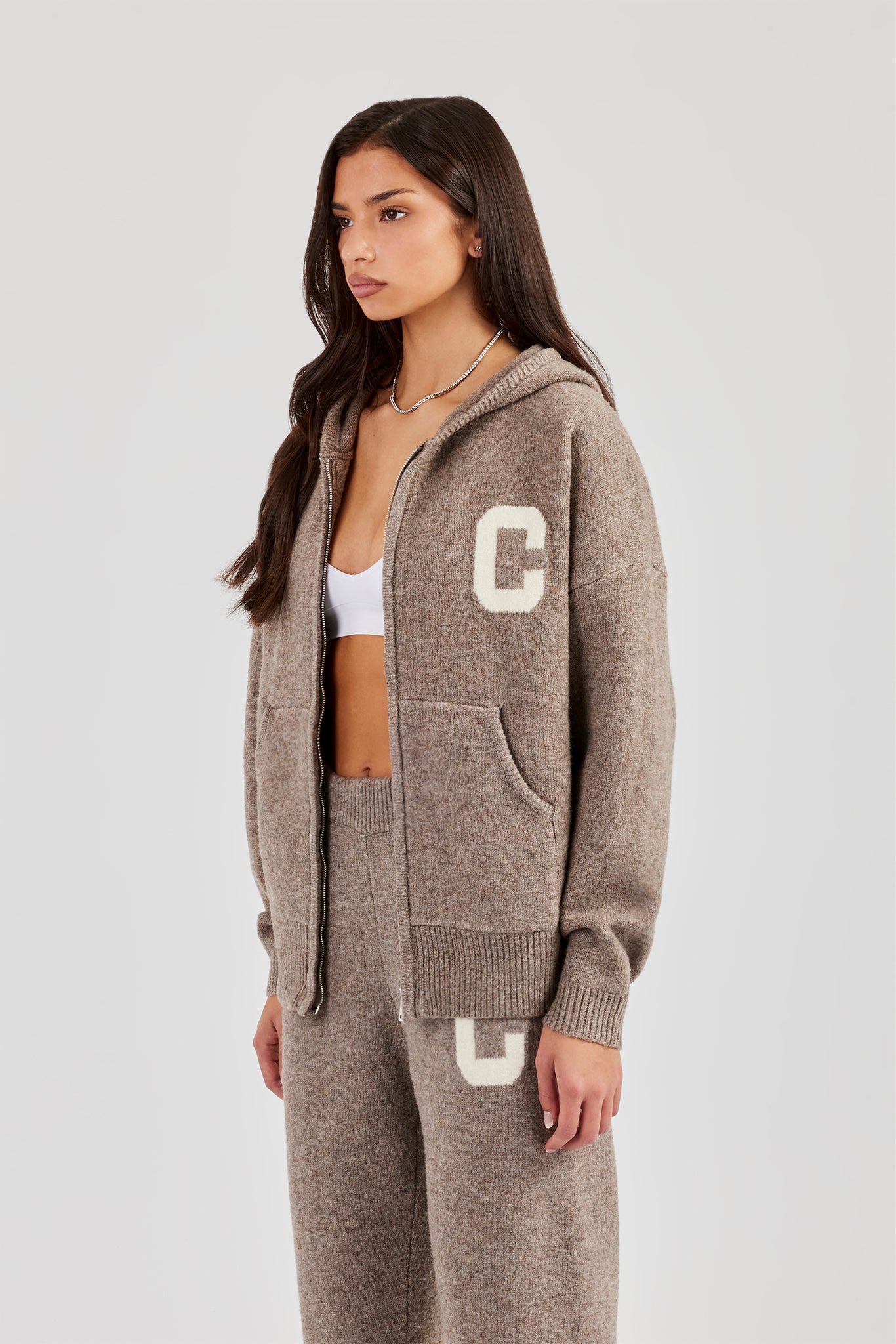 Hooded Zip Through Knitted Jumper - Taupe | Womens Knitwear | Shop