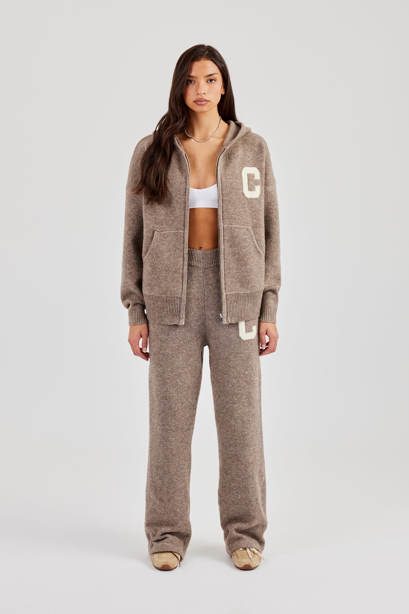 Hooded Zip Through Knitted Tracksuit - Taupe