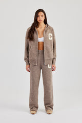 Hooded Zip Through Knitted Tracksuit - Taupe