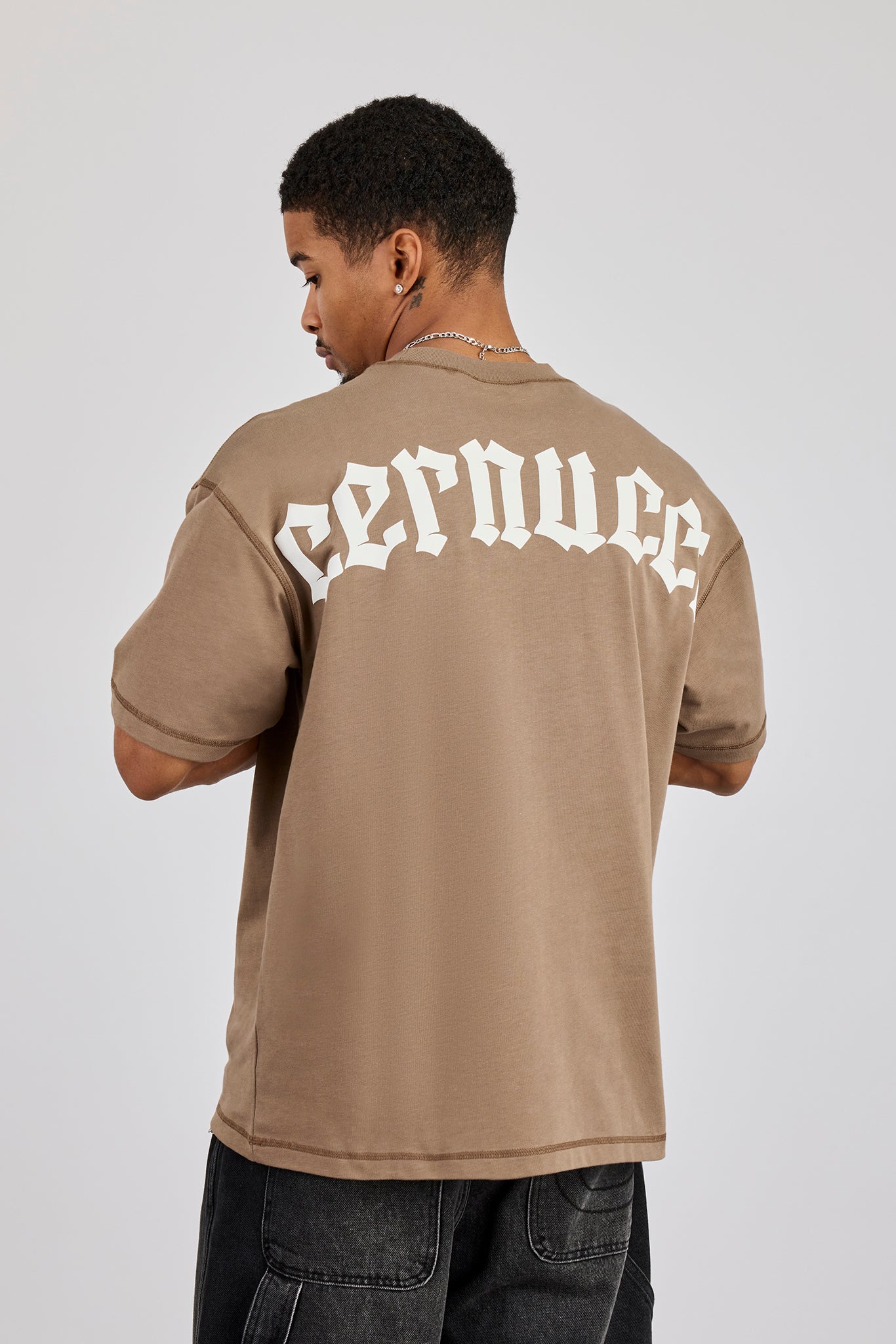 Oversized Gothic Print T-Shirt - Taupe