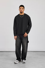 Gewaschenes Langarm-T-Shirt – Schwarz