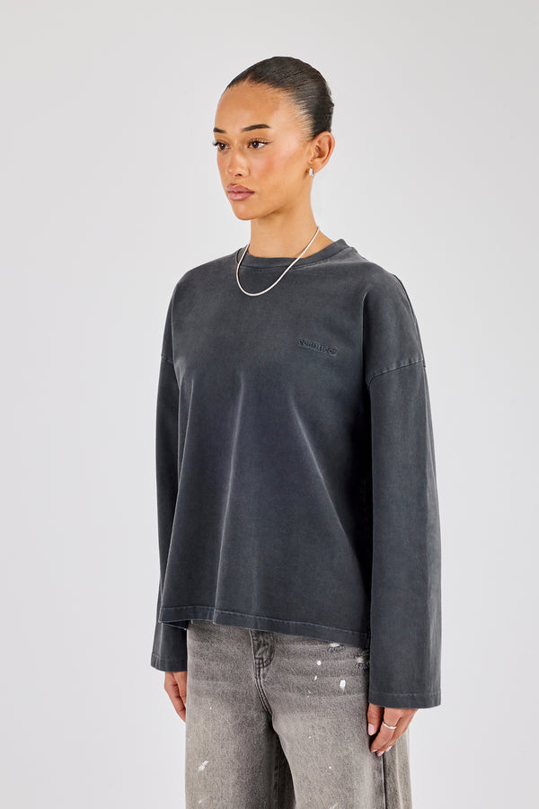 Womens Washed Long Sleeve T-Shirt - Charcoal
