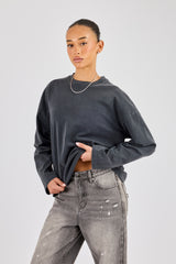 Womens Washed Long Sleeve T-Shirt - Charcoal