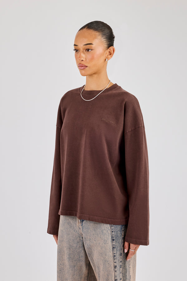 Womens Washed Long Sleeve T-Shirt - Chocolate