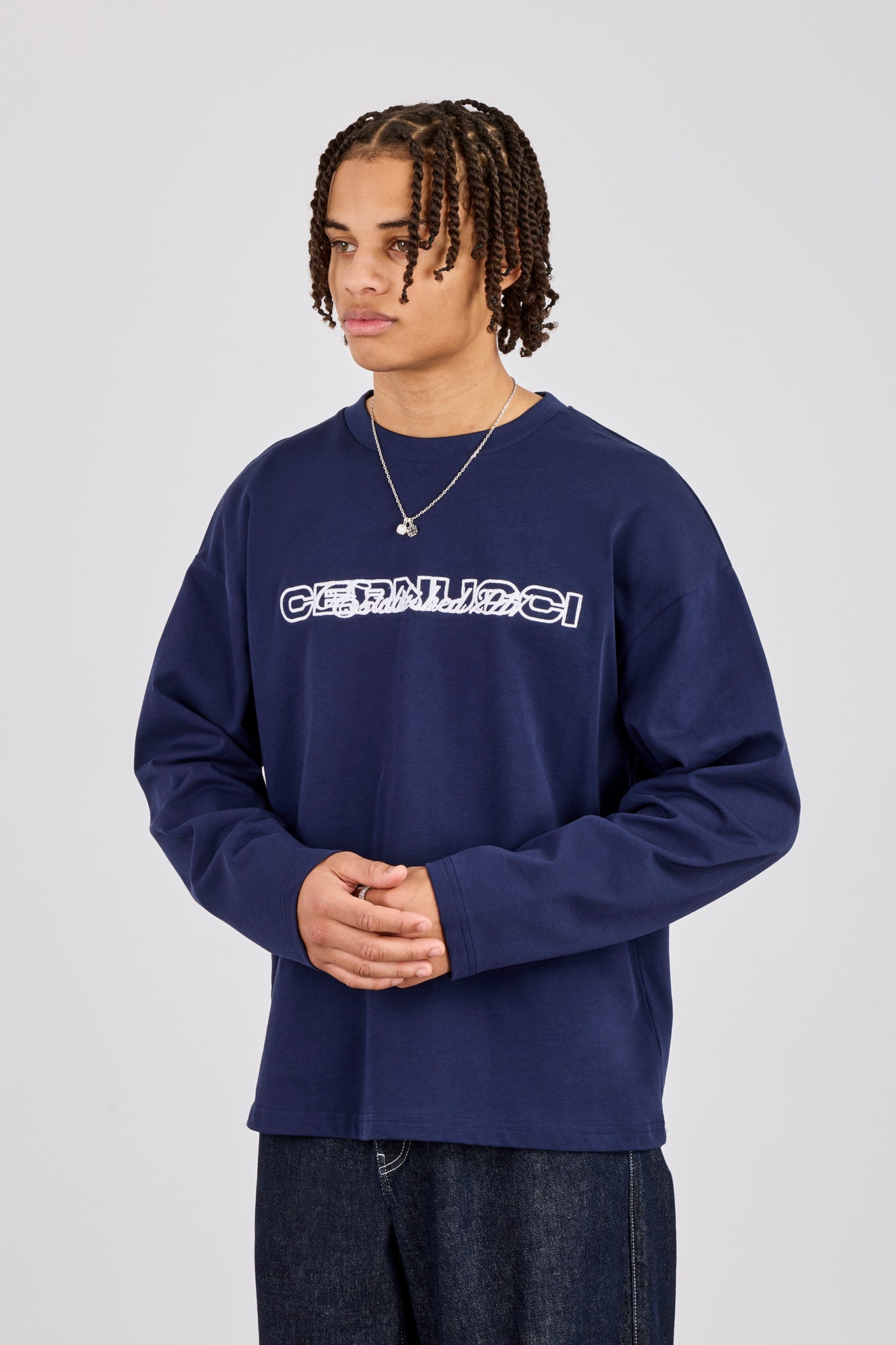Established 2017 Boxy Long Sleeved T-Shirt - Navy Blue | Mens Tees