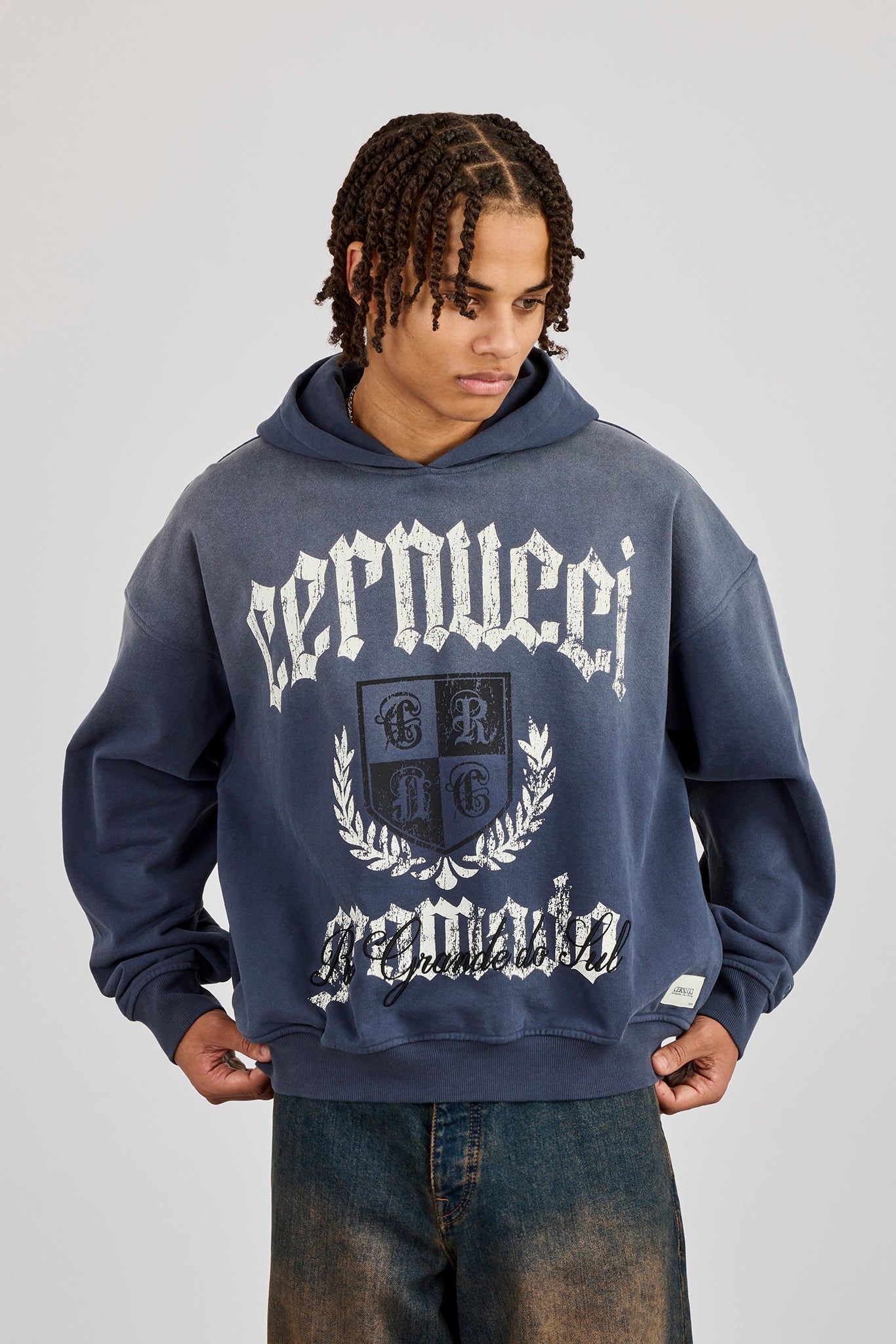 Washed Crest Graphic Hoodie - Navy